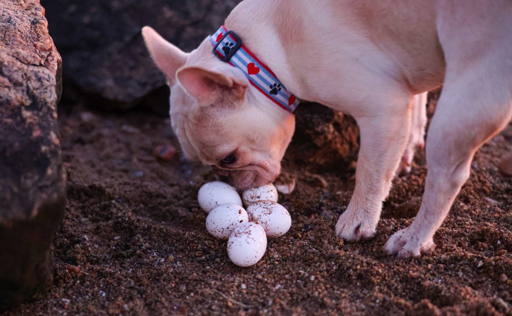dog eating quail eggs
